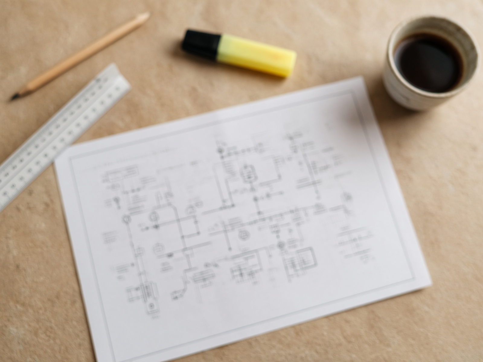 Electrical engineering work table with drawings and instruments